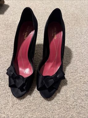 kate spade Black Satin Peep-Toe Pumps with Pink Insole and Bow